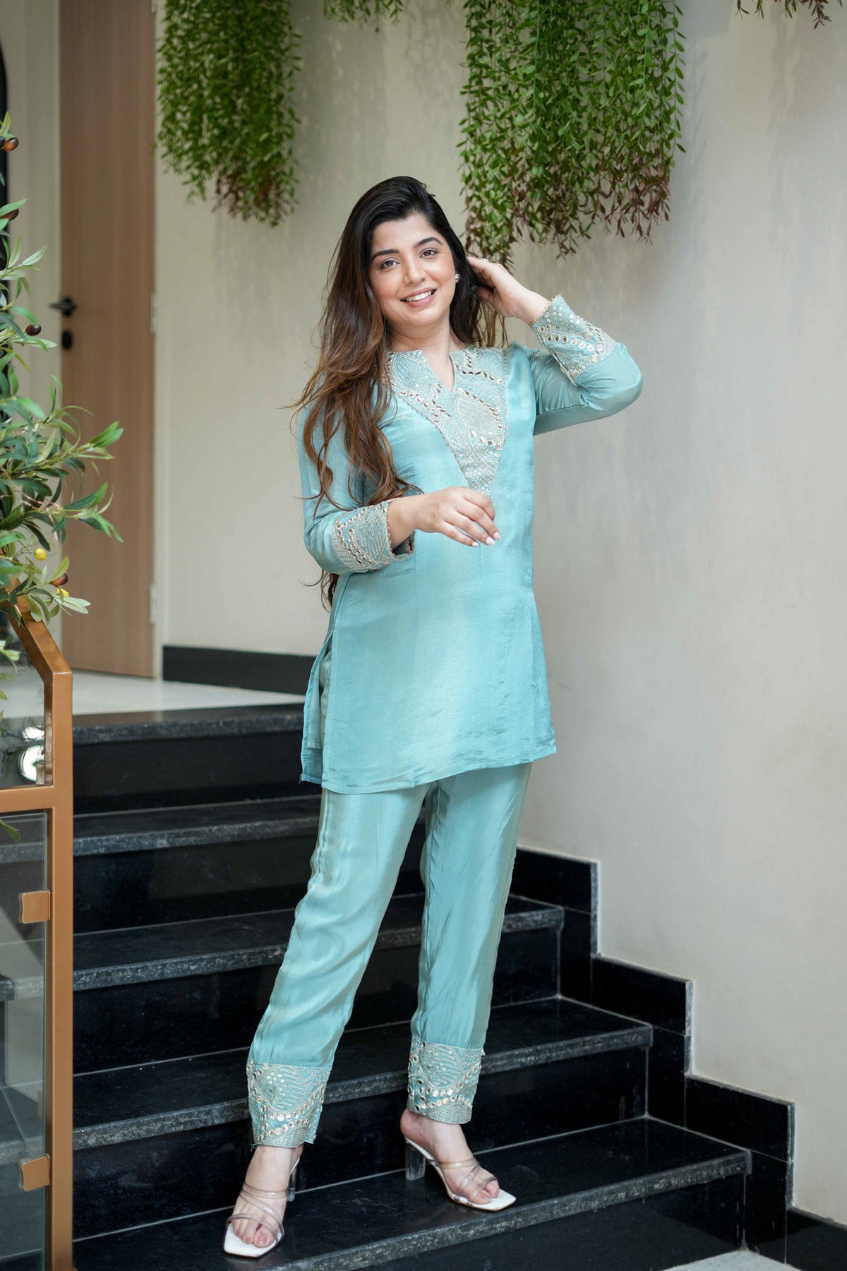Mirror & Sequin Embroidered Kurta Set – Aqua Blue