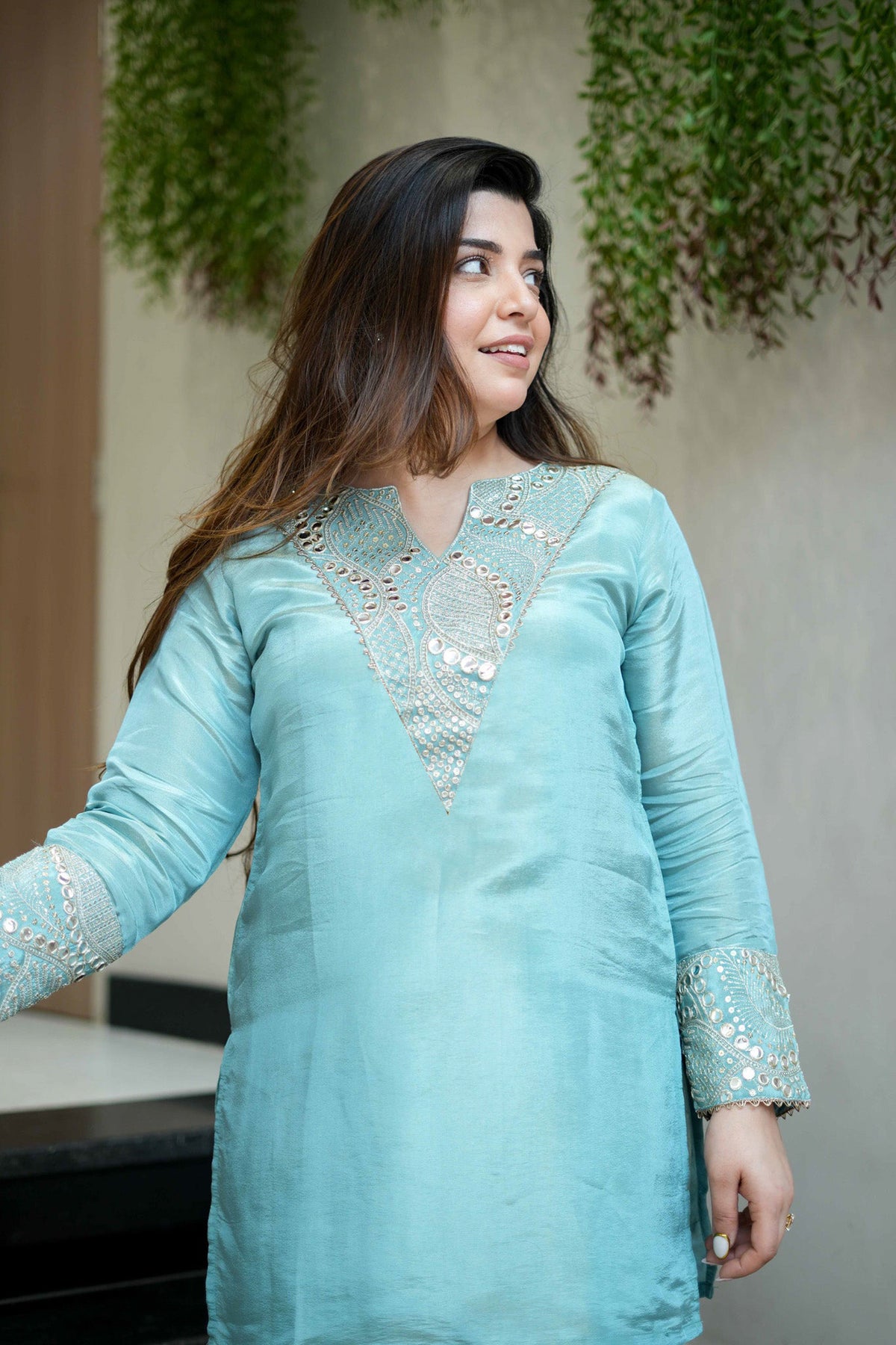 Mirror & Sequin Embroidered Kurta Set – Aqua Blue