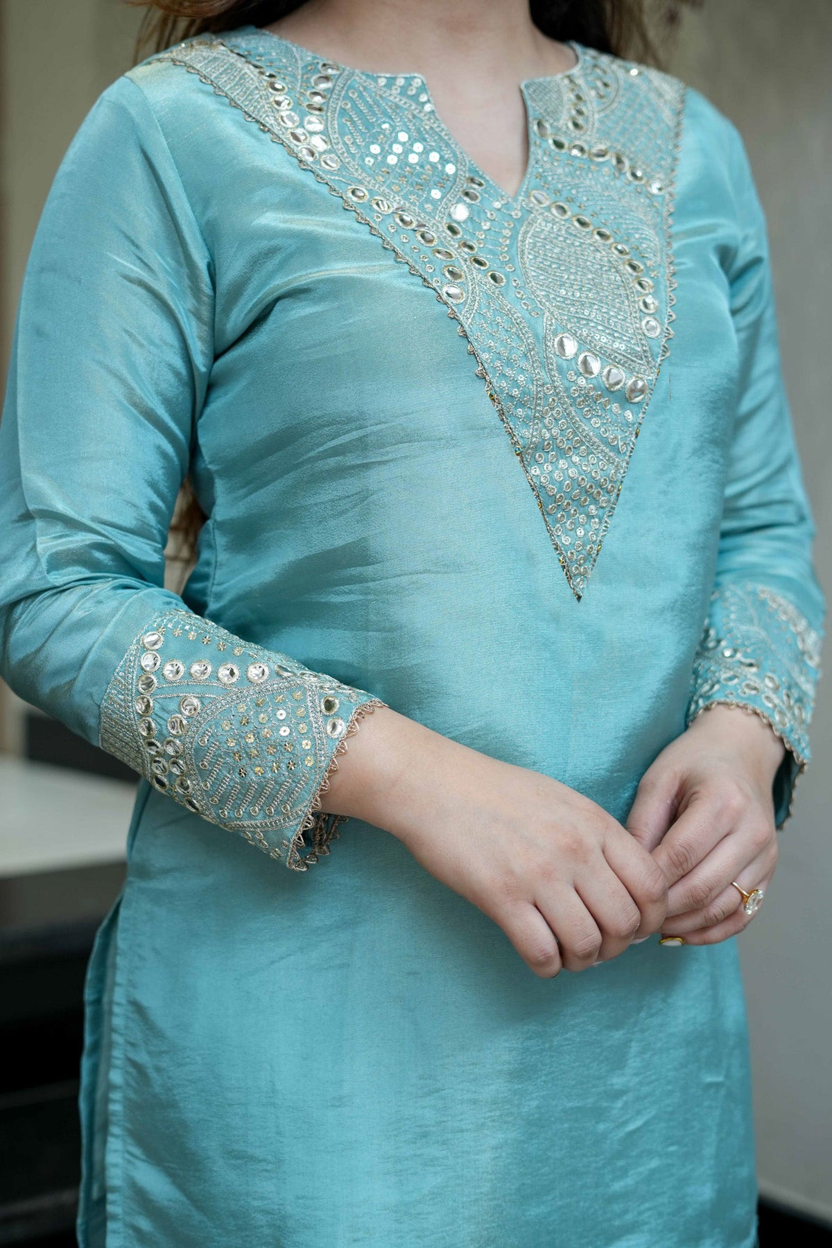Mirror & Sequin Embroidered Kurta Set – Aqua Blue