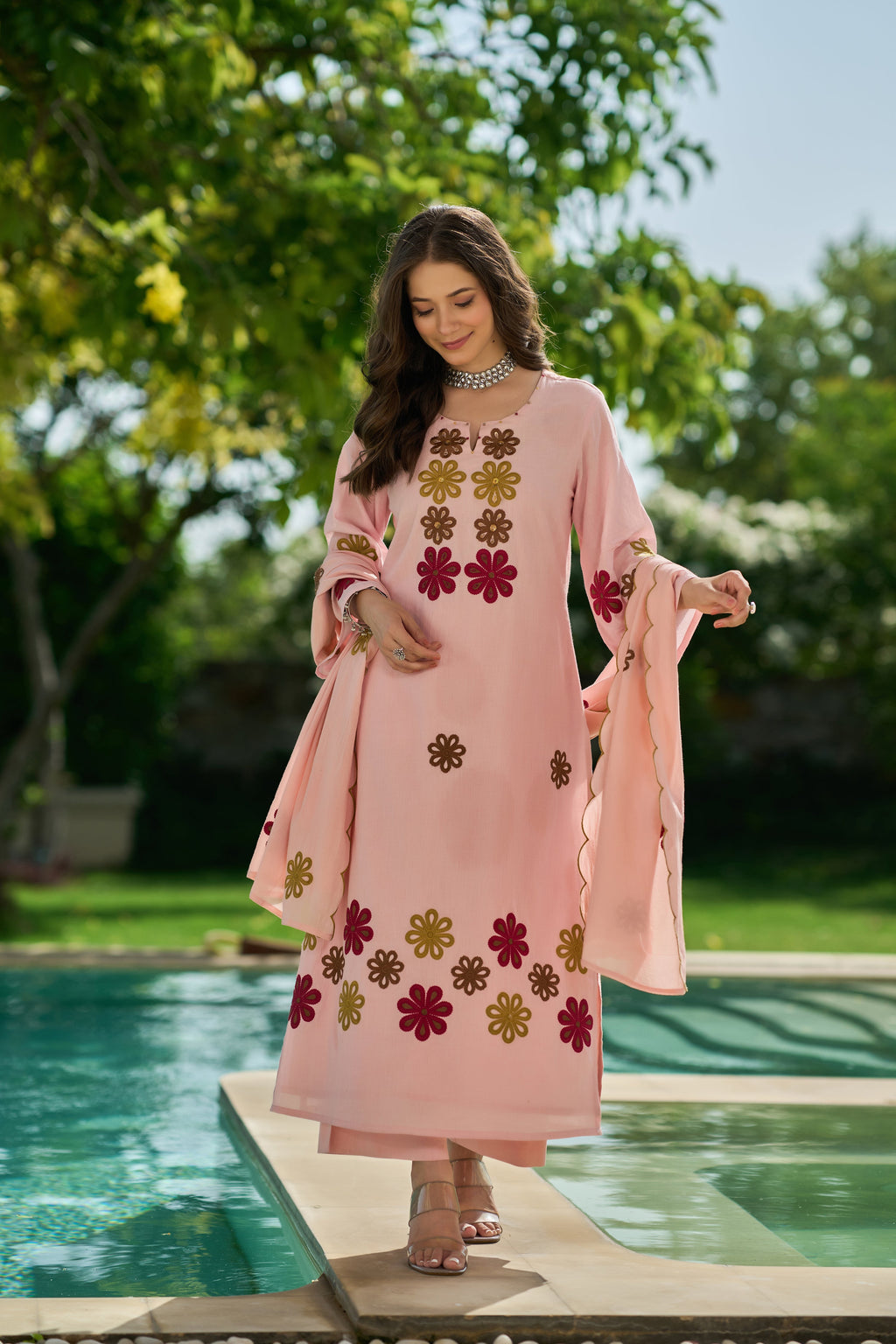 Embroidered Chanderi Silk Suit Set with Hand Kodi