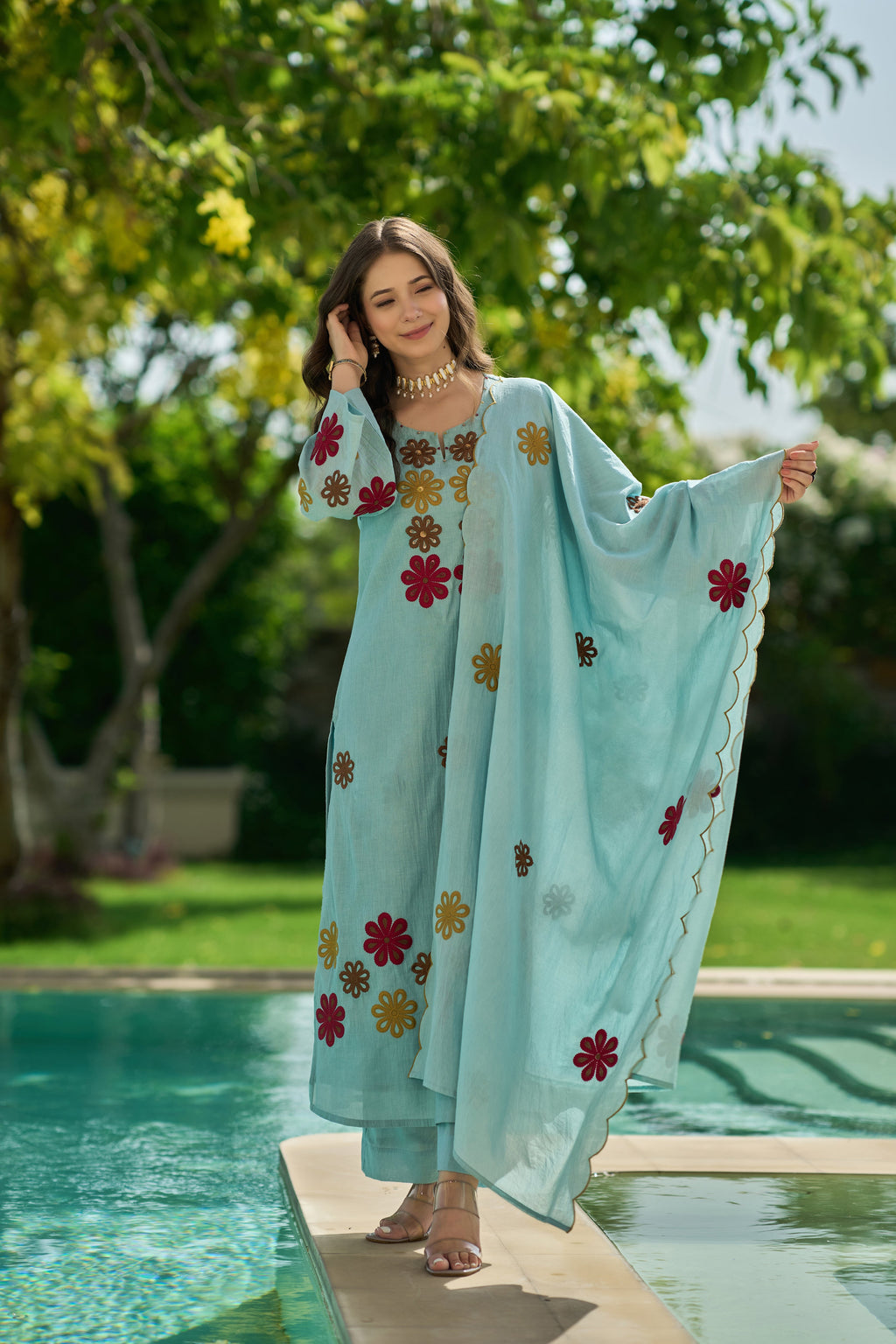 Embroidered Chanderi Silk Suit Set with Hand Kodi