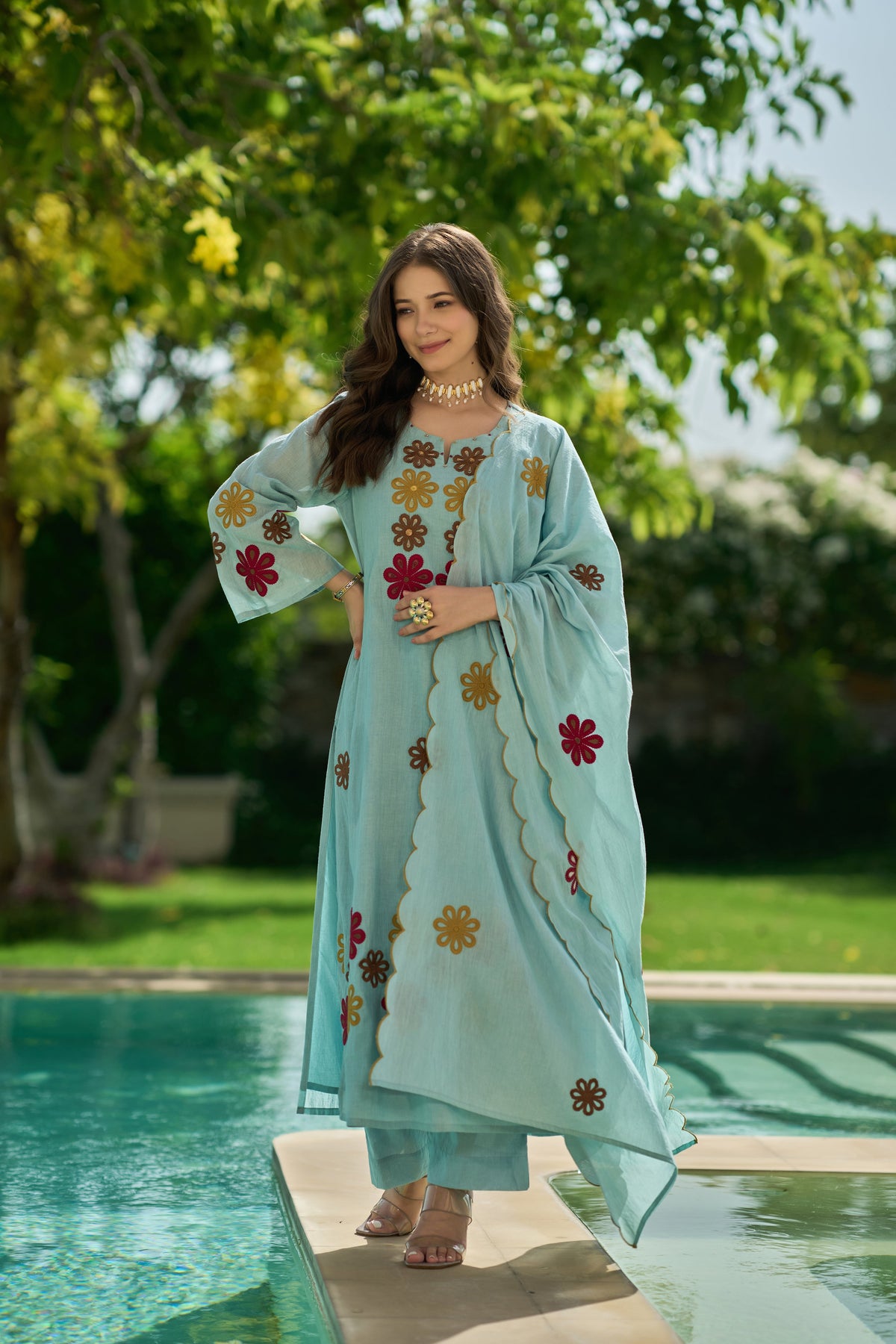 Embroidered Chanderi Silk Suit Set with Hand Kodi