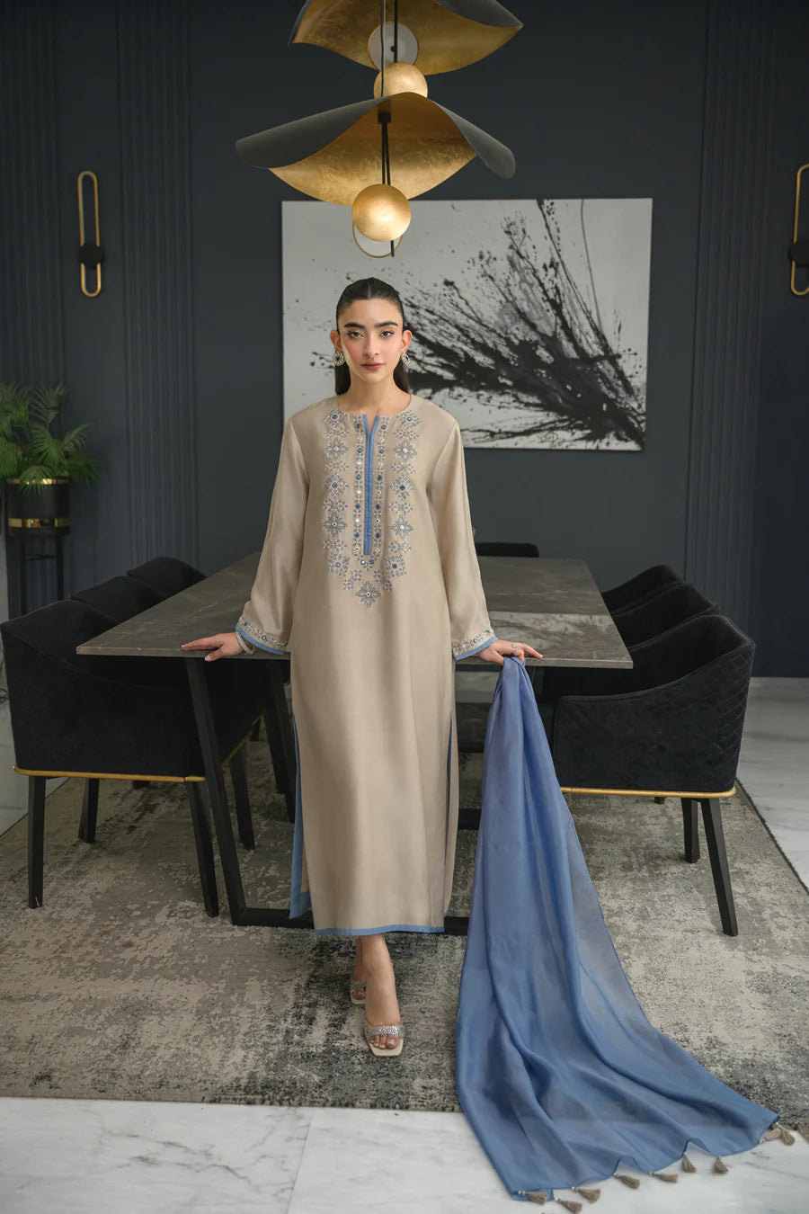 Embroidered Chanderi Silk Suit Set – Beige & Blue