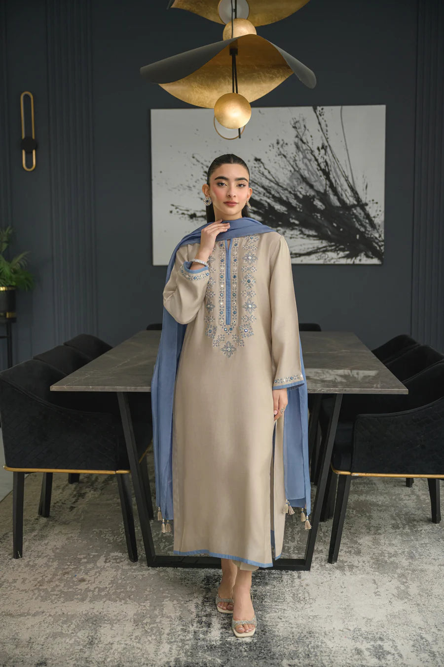 Embroidered Chanderi Silk Suit Set – Beige & Blue