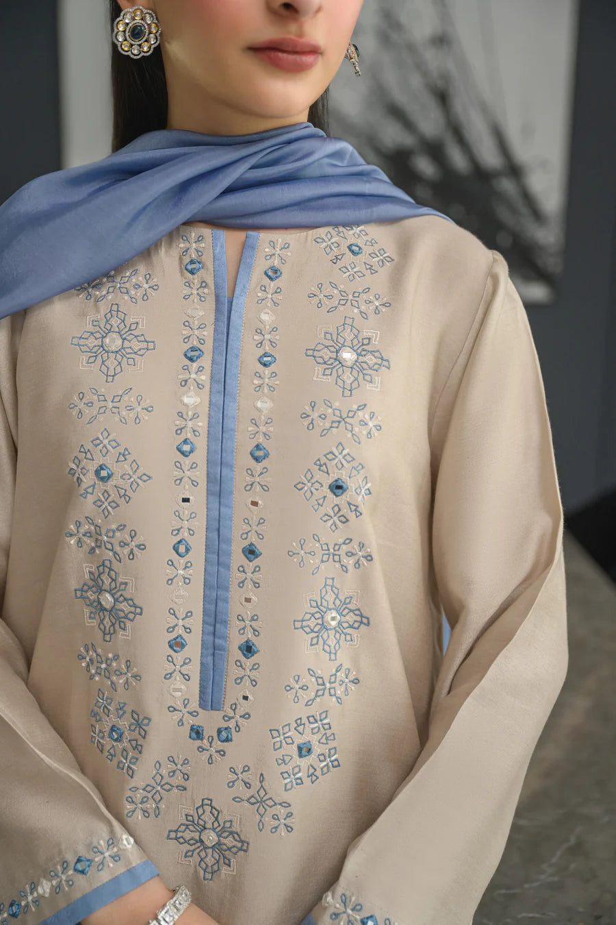 Embroidered Chanderi Silk Suit Set – Beige & Blue