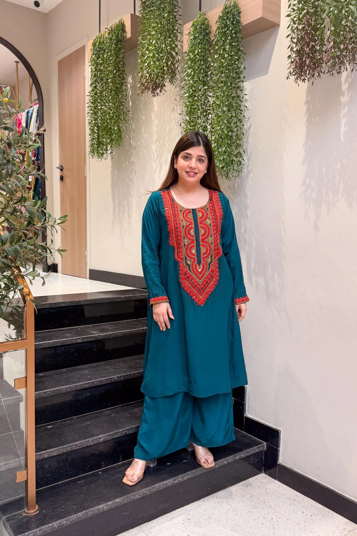 Embroidered French Crepe Kurta Set