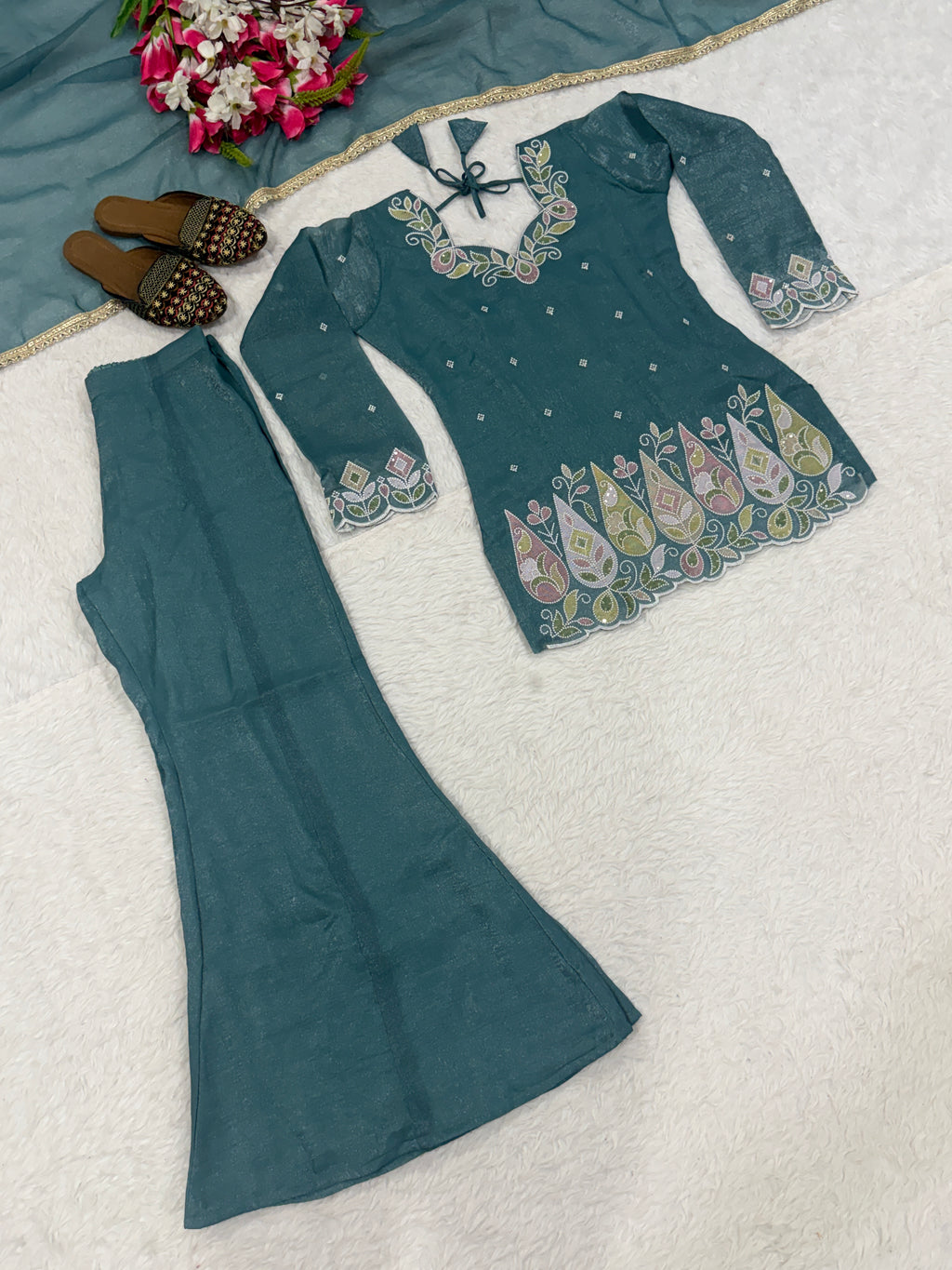 Embroidered Palazzo Suit Set – Teal Blue
