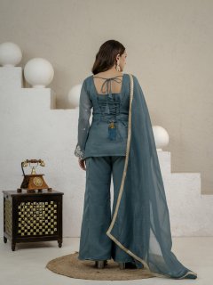 Embroidered Palazzo Suit Set – Teal Blue