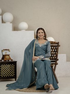 Embroidered Palazzo Suit Set – Teal Blue
