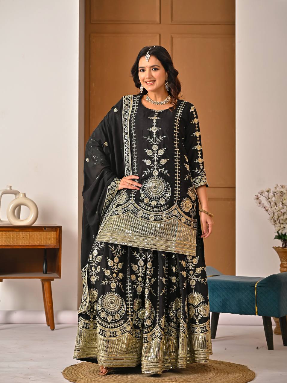 Black Embroidered Vichitra Silk Sharara Set