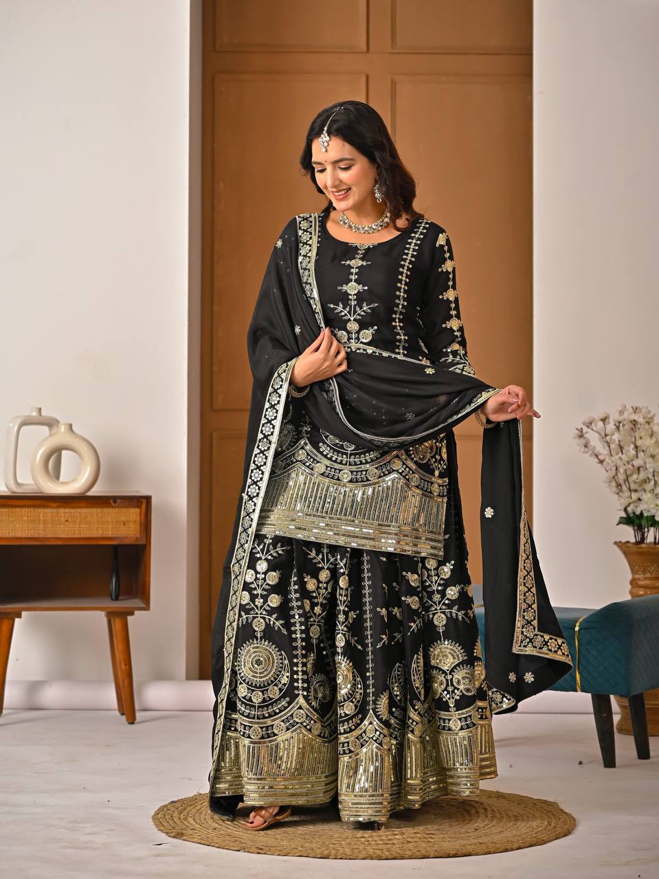 Black Embroidered Vichitra Silk Sharara Set
