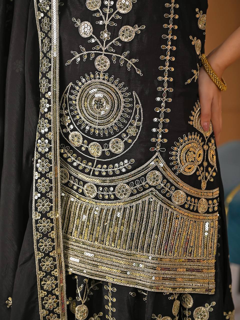 Black Embroidered Vichitra Silk Sharara Set
