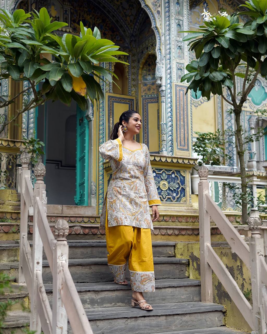 Digital Printed Farshi Salwar Set – Mustard Yellow