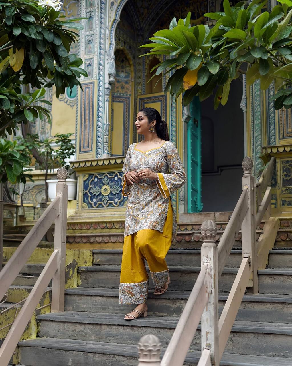 Digital Printed Farshi Salwar Set – Mustard Yellow