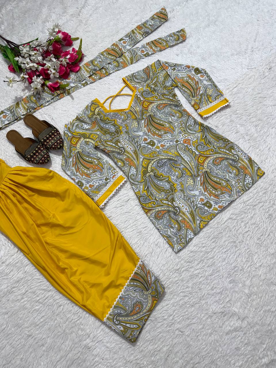 Digital Printed Farshi Salwar Set – Mustard Yellow