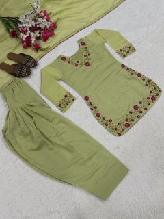 Embroidered Mal Chanderi Cotton Farshi Salwar Set – Sage Green