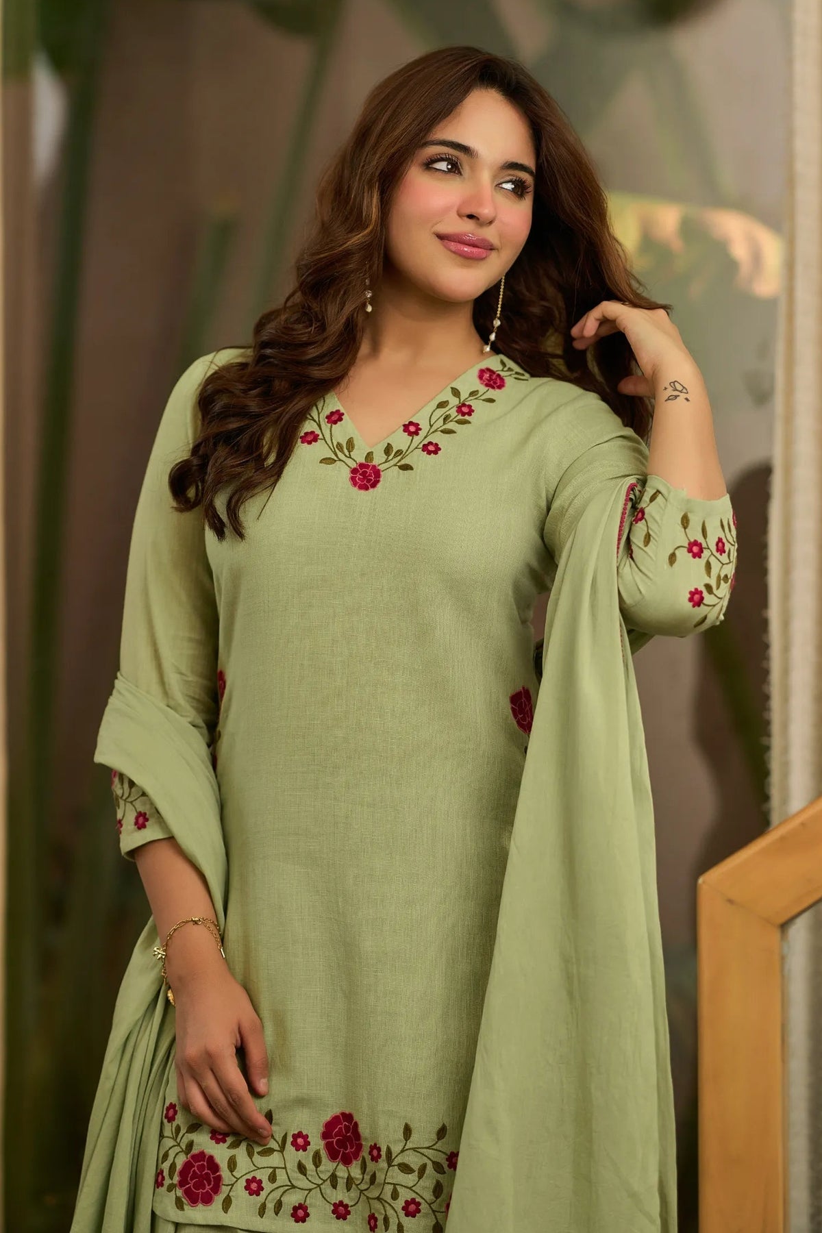 Embroidered Mal Chanderi Cotton Farshi Salwar Set – Sage Green
