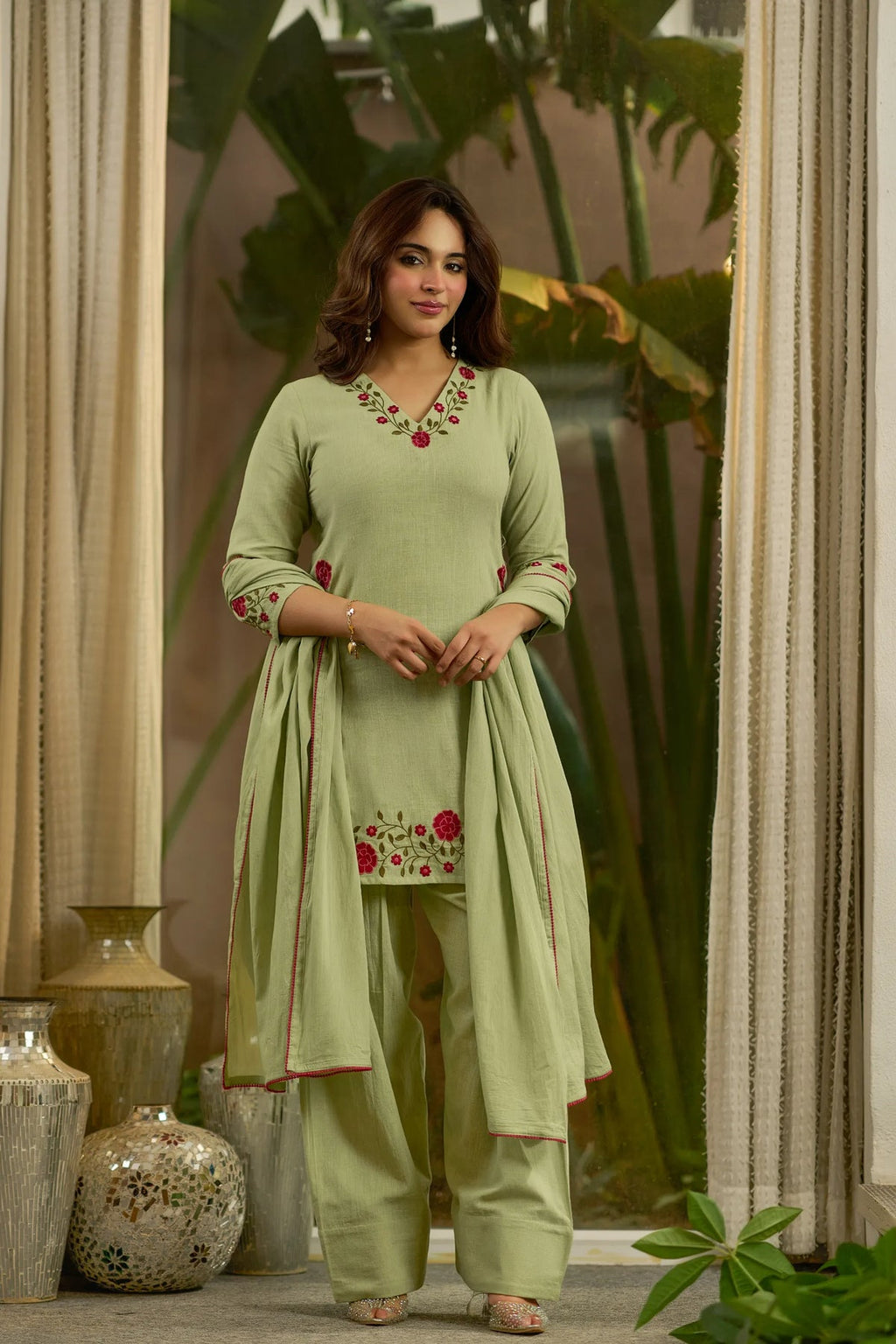 Embroidered Mal Chanderi Cotton Farshi Salwar Set – Sage Green