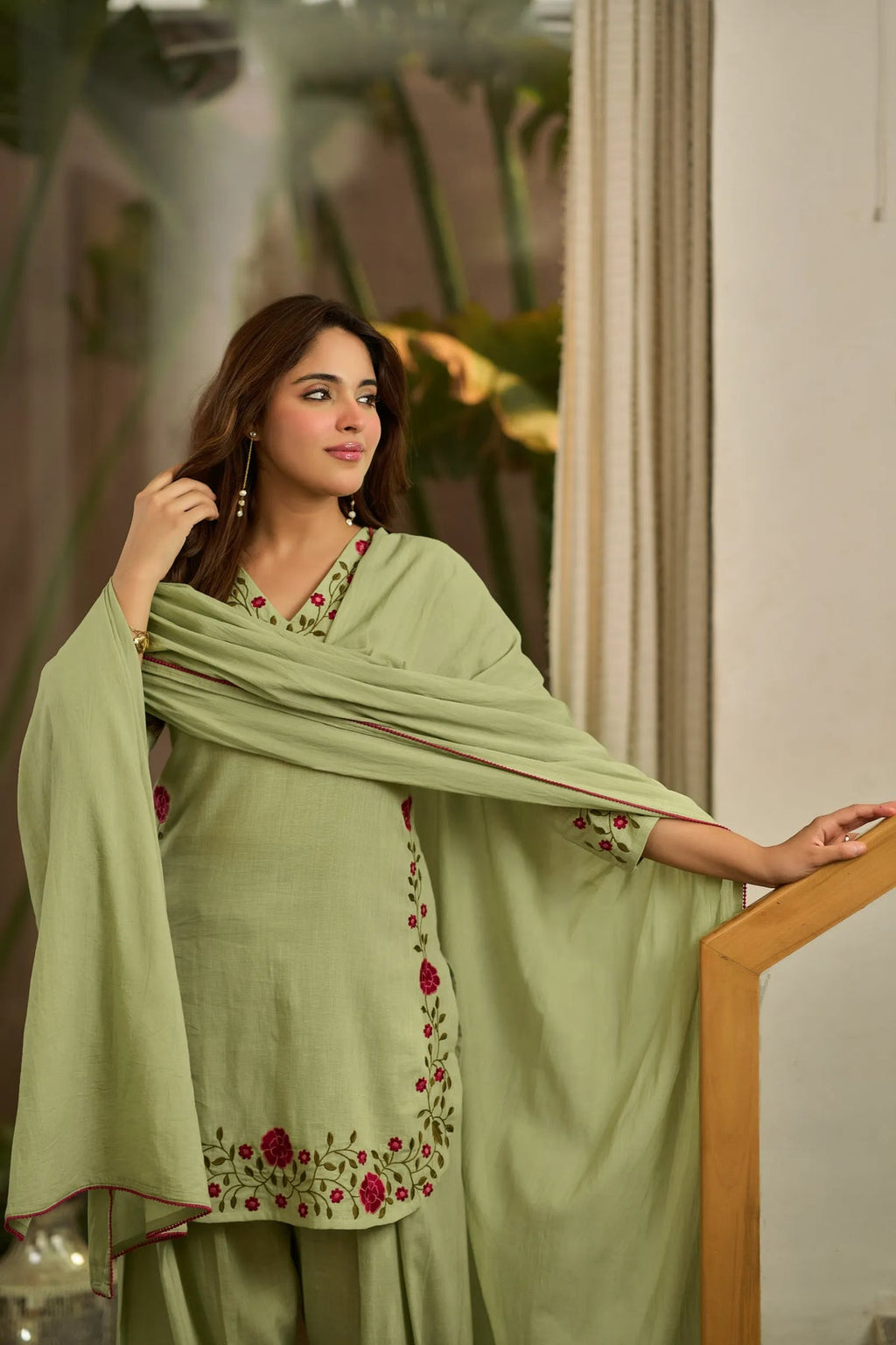 Embroidered Mal Chanderi Cotton Farshi Salwar Set – Sage Green