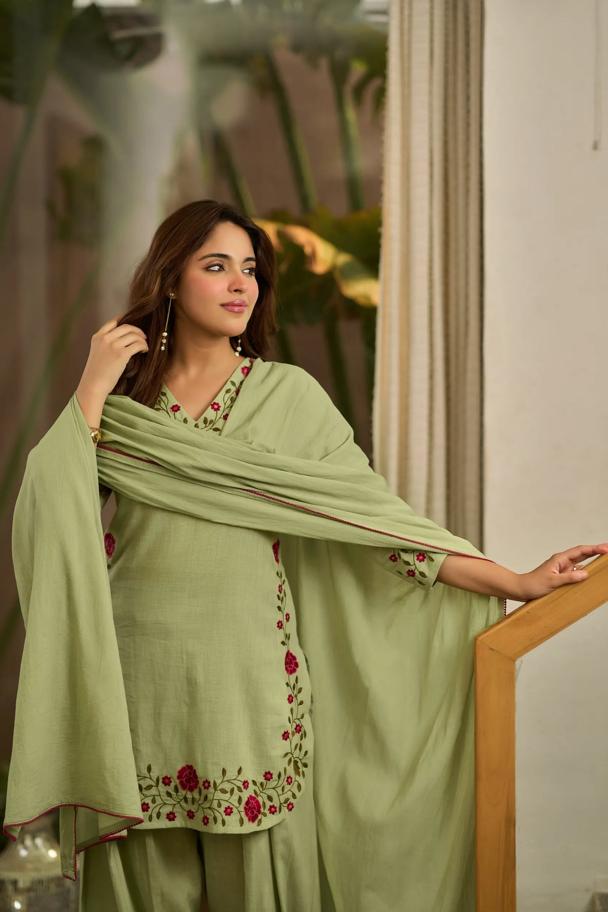 Embroidered Mal Chanderi Cotton Farshi Salwar Set – Sage Green