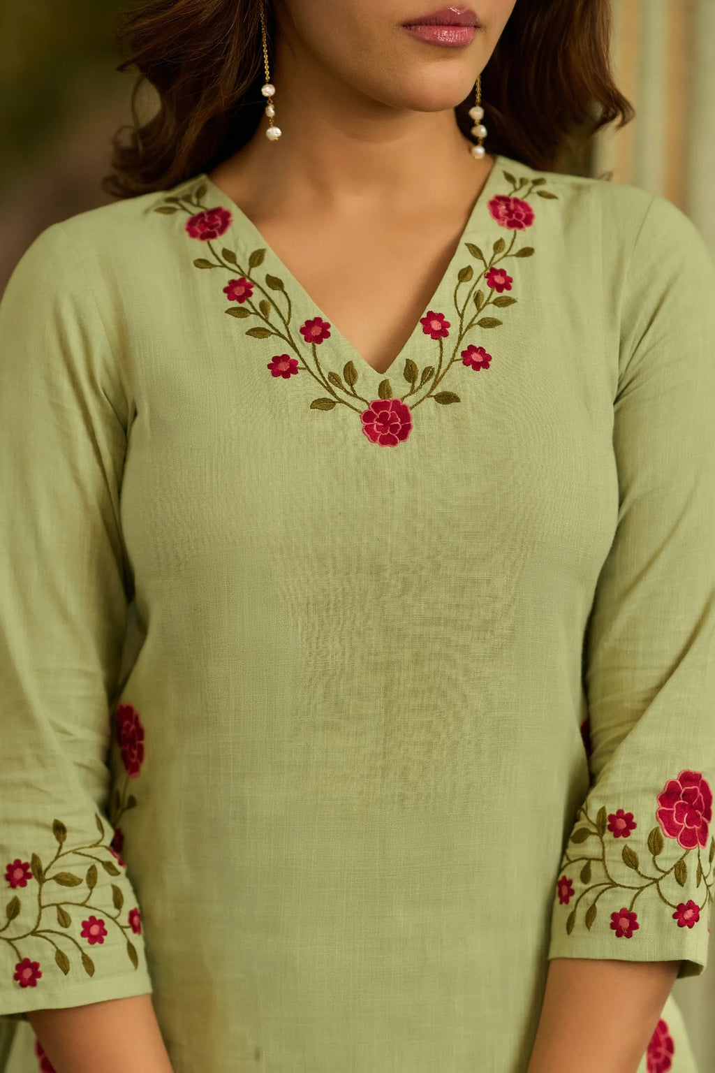 Embroidered Mal Chanderi Cotton Farshi Salwar Set – Sage Green