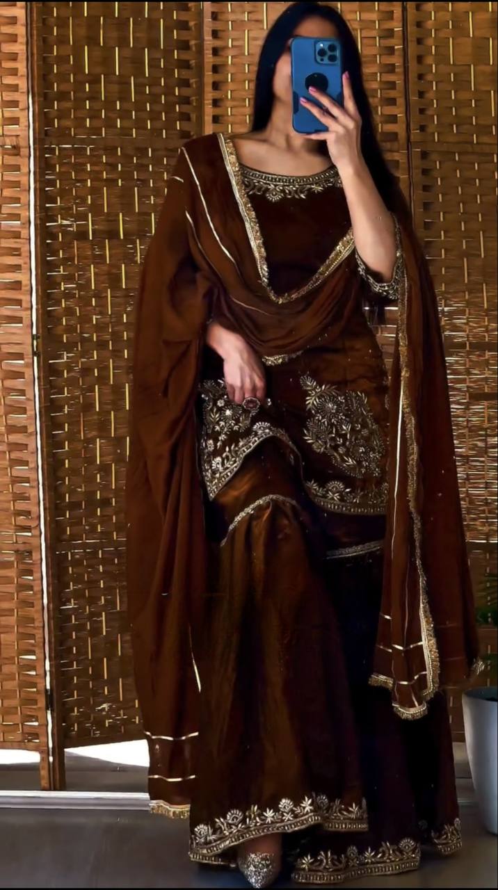 Embroidered Sharara Suit Set – Chocolate Brown