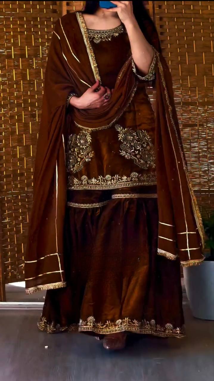 Embroidered Sharara Suit Set – Chocolate Brown