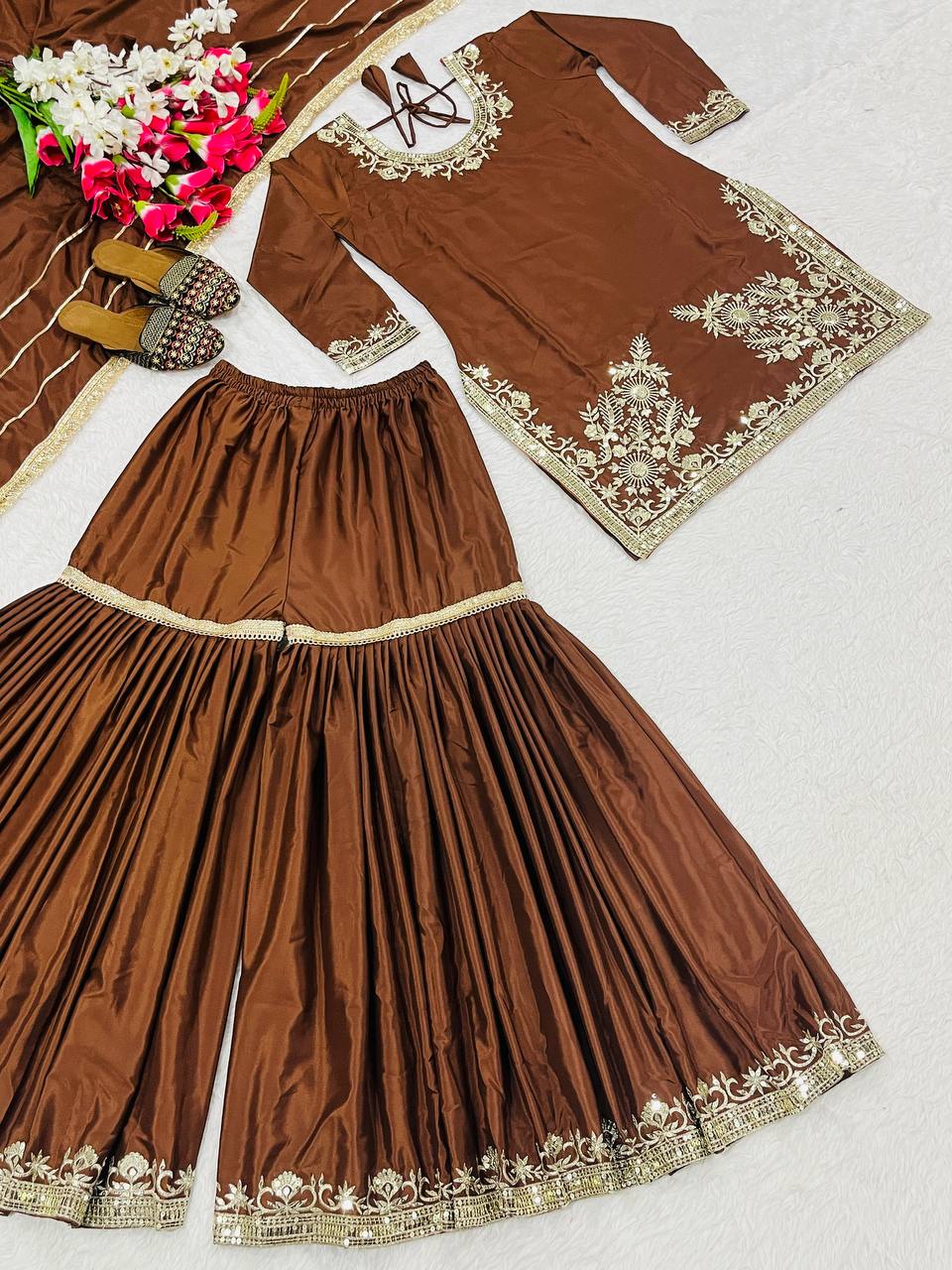 Embroidered Sharara Suit Set – Chocolate Brown