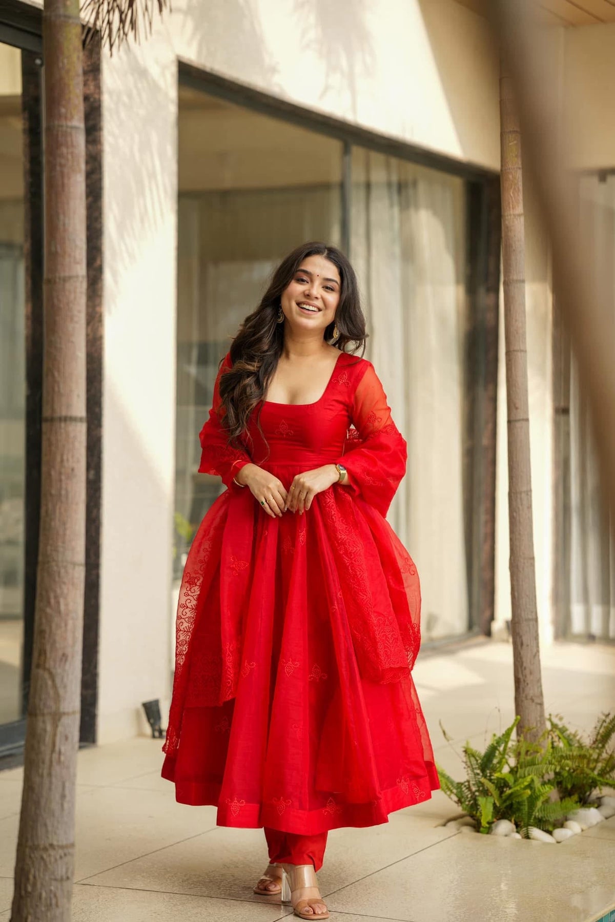Embroidered Anarkali Suit Set – Red