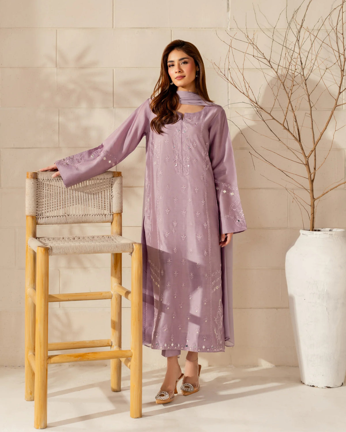 Embroidered French Crepe Silk Suit Set – Lavender