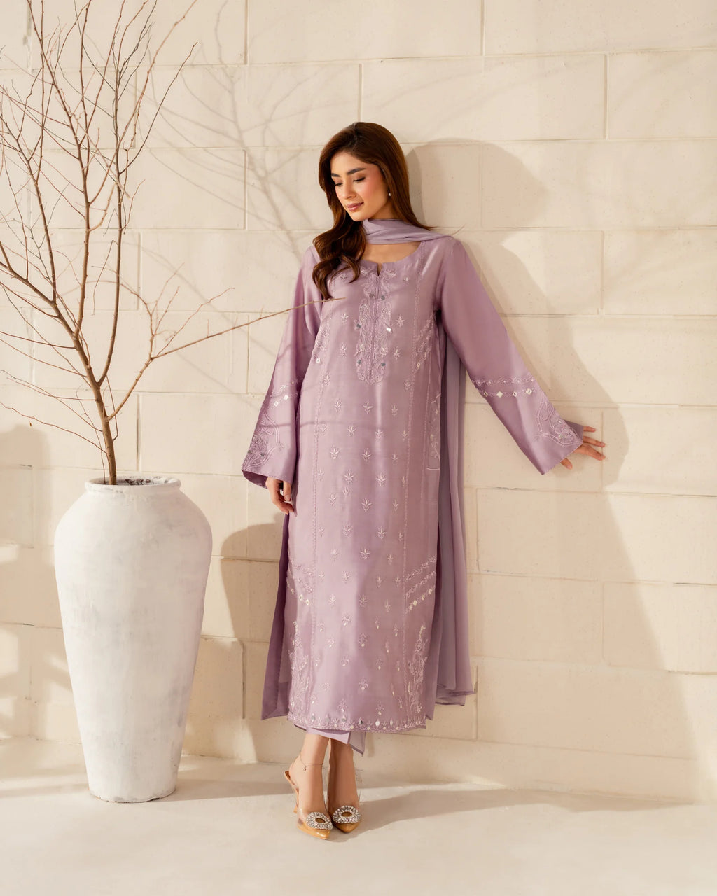 Embroidered French Crepe Silk Suit Set – Lavender