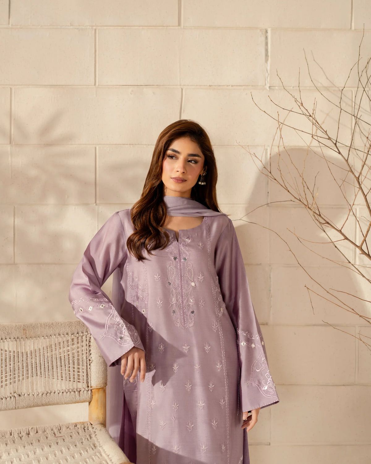 Embroidered French Crepe Silk Suit Set – Lavender