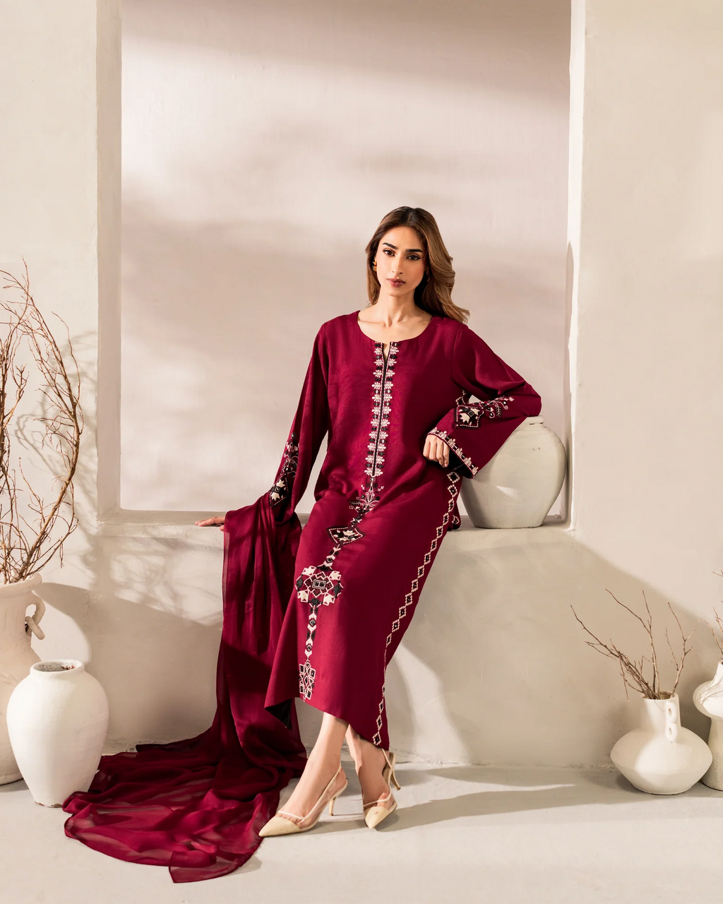 Embroidered Chanderi Silk Kurta Set – Maroon
