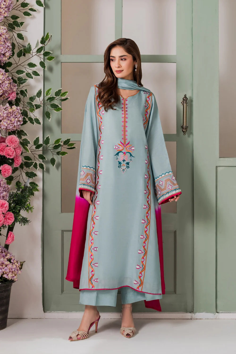 Embroidered Mirror Work Kurta Set – Powder Blue