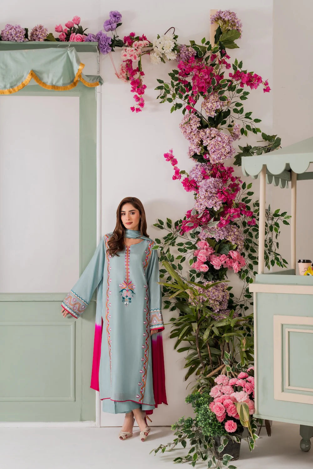 Embroidered Mirror Work Kurta Set – Powder Blue