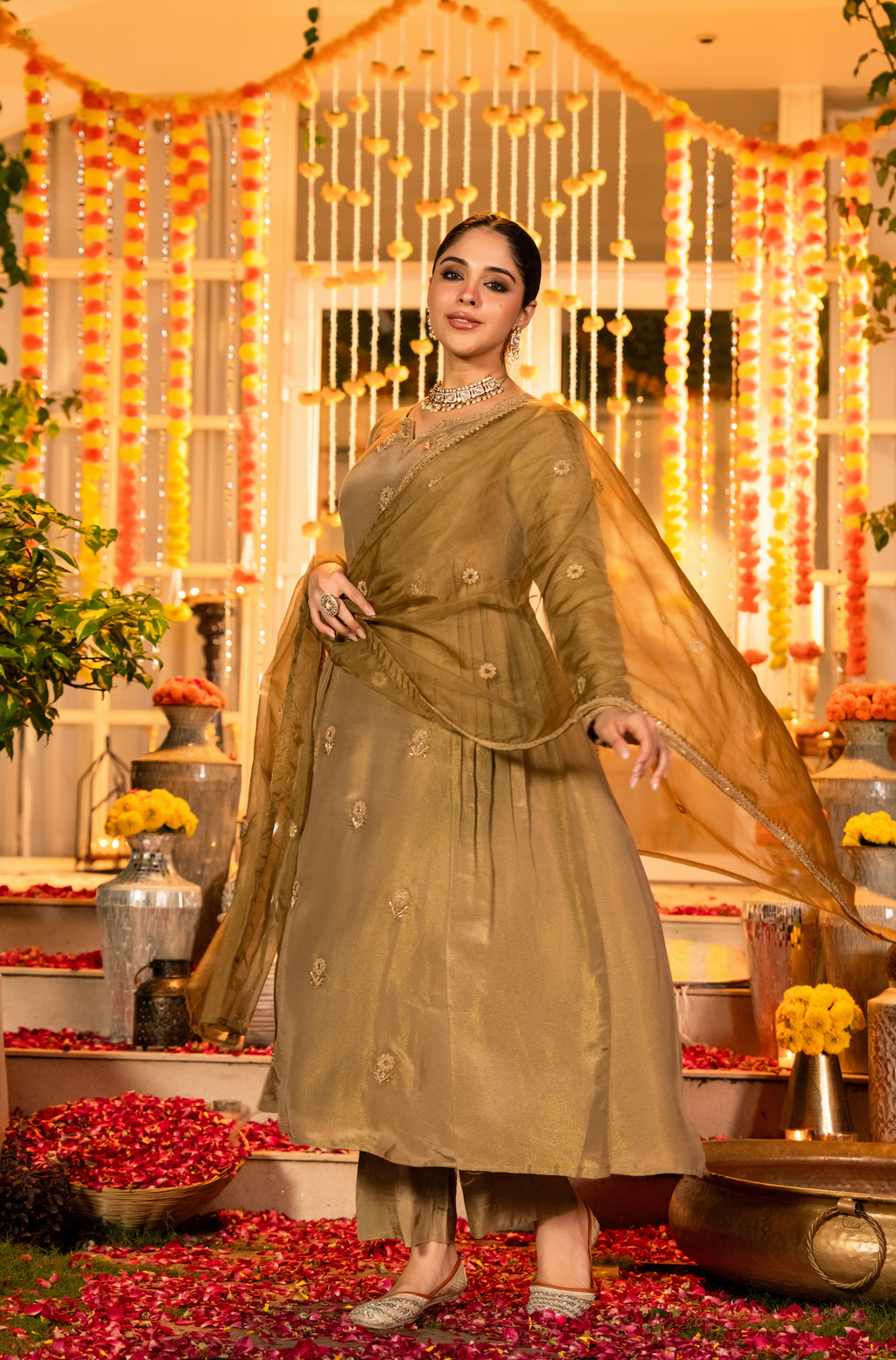 Embroidered Anarkali Suit Set – Olive Brown