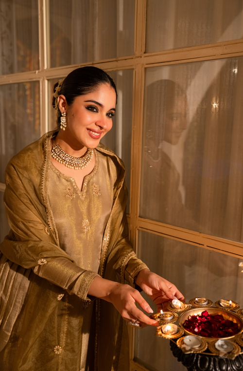 Embroidered Anarkali Suit Set – Olive Brown
