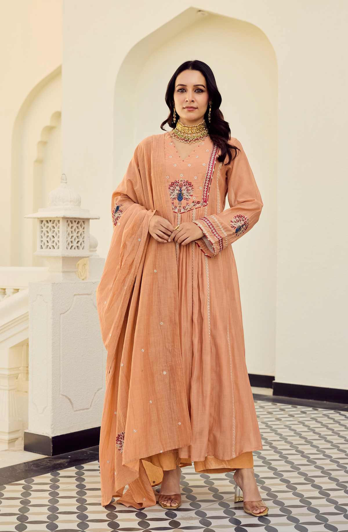 Embroidered Chanderi Silk Anarkali Suit Set