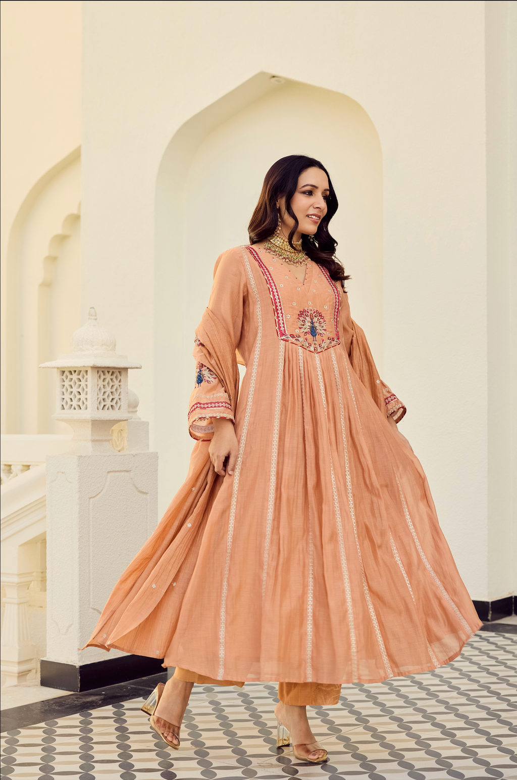Embroidered Chanderi Silk Anarkali Suit Set