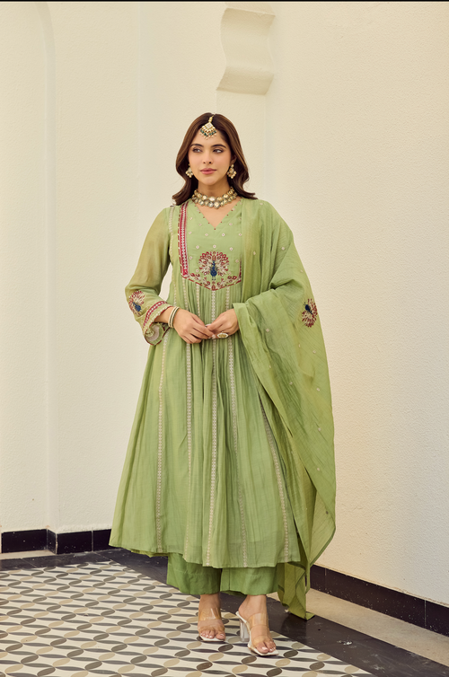 Embroidered Chanderi Silk Anarkali Suit Set