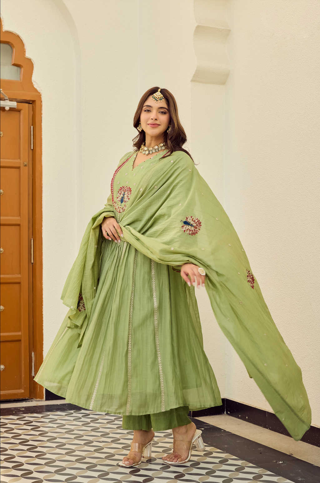 Embroidered Chanderi Silk Anarkali Suit Set