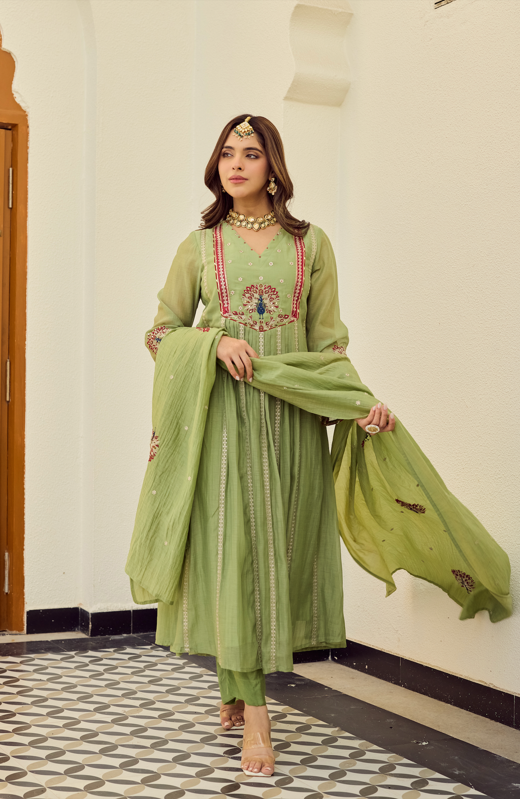 Embroidered Chanderi Silk Anarkali Suit Set