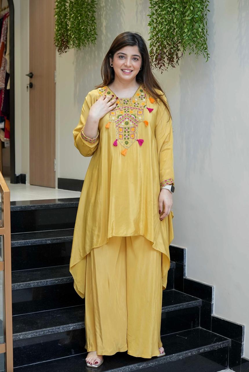 Embroidered Layered Kurta Set – Pink & Yellow