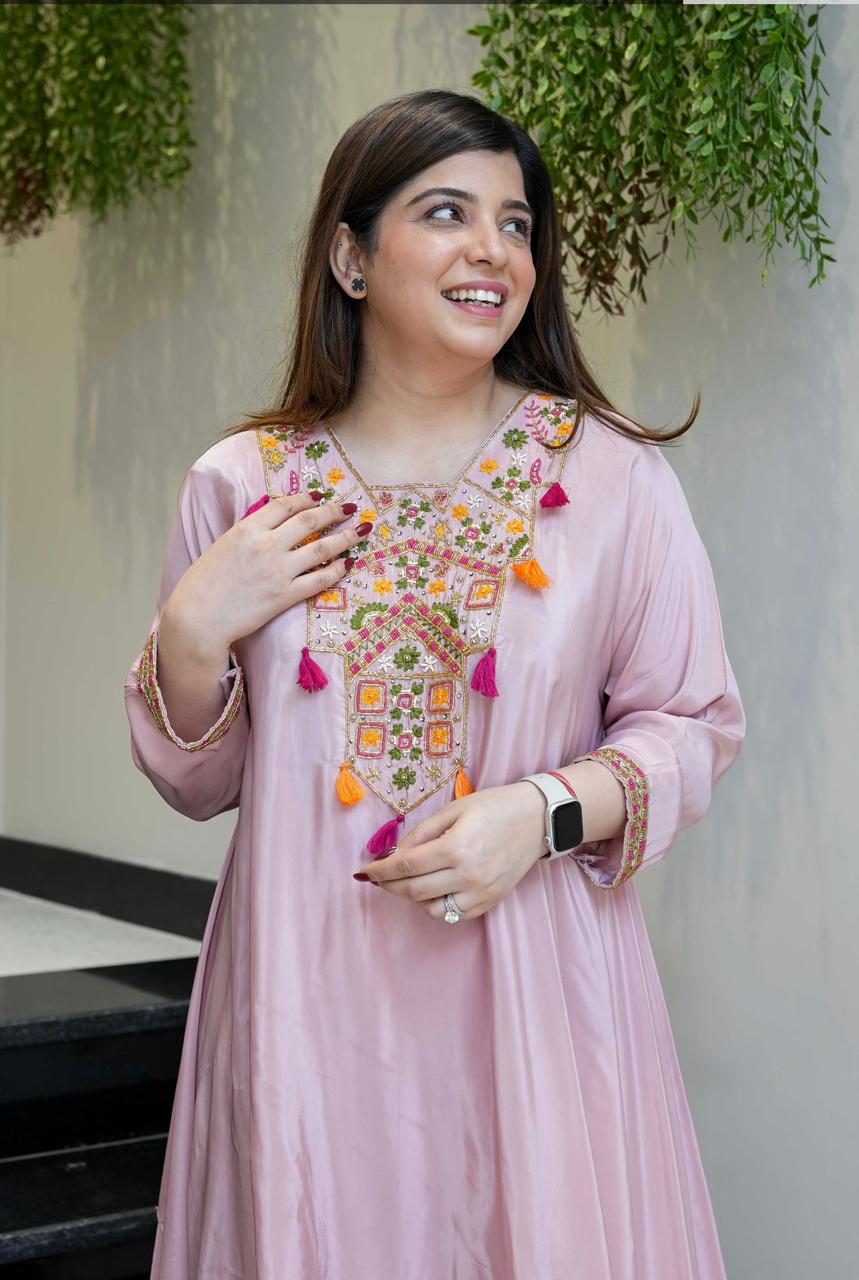 Embroidered Layered Kurta Set – Pink & Yellow