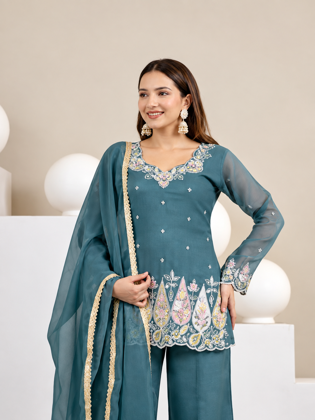 Embroidered Palazzo Suit Set – Teal Blue