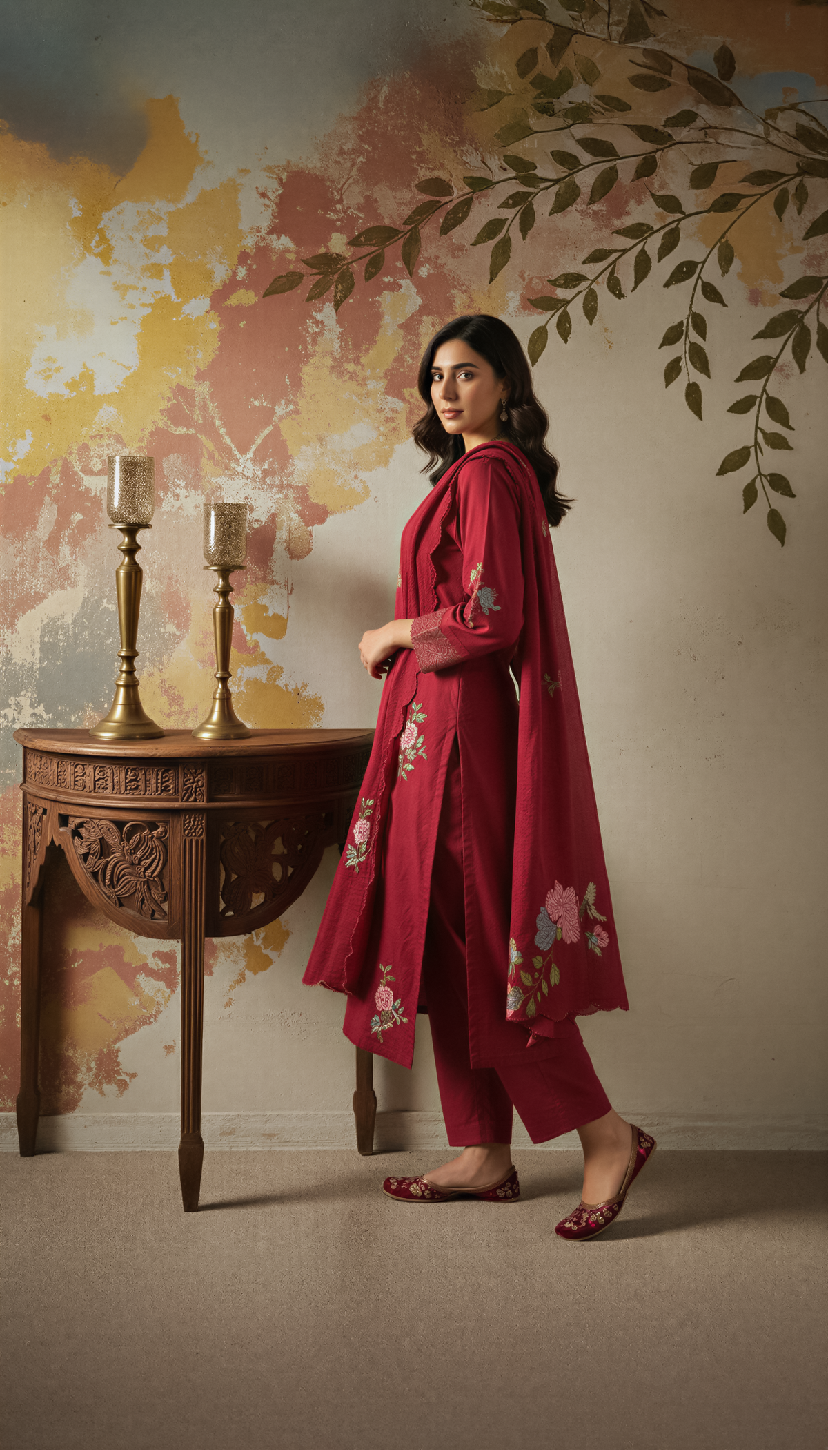 Floral Embroidered Chanderi Silk Kurta Set – Maroon