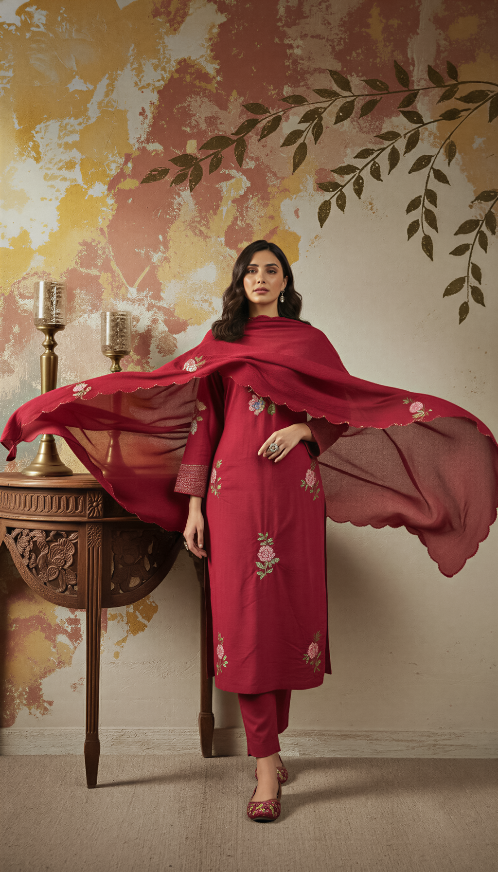 Floral Embroidered Chanderi Silk Kurta Set – Maroon