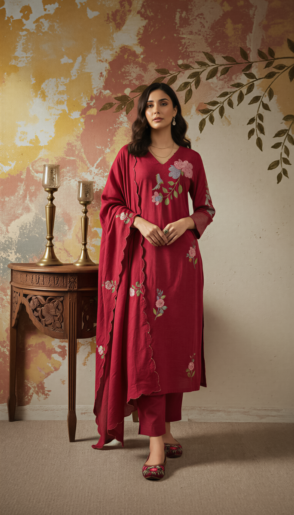 Floral Embroidered Chanderi Silk Kurta Set – Maroon