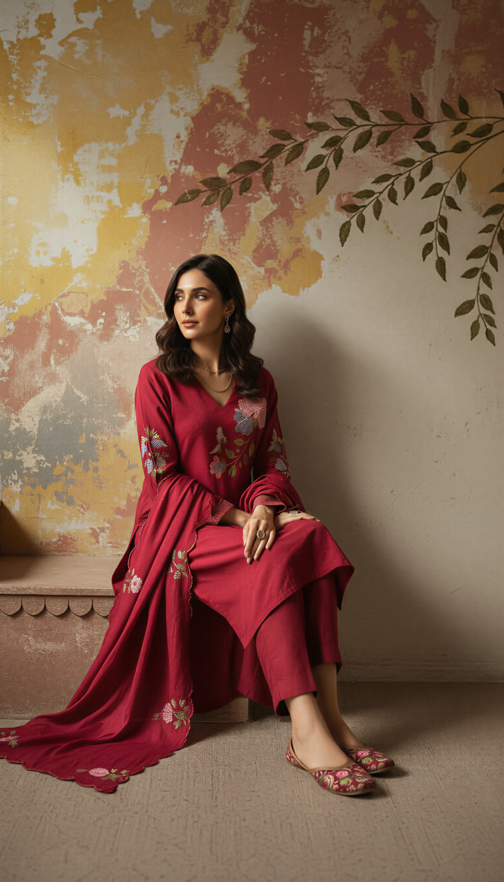 Floral Embroidered Chanderi Silk Kurta Set – Maroon