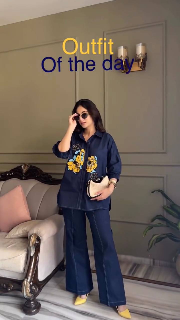 Embroidered Cotton Co-ord Set – Navy Blue